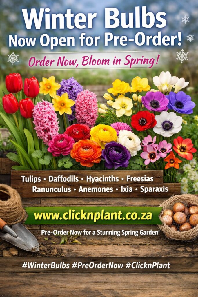 Winter bulbs which will bloom in spring are now available at clicknplant.co.za Shop online and have your order delivered to your door. Clicknplant is a nursery near me